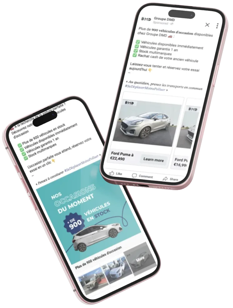 Two ads for vehicles in stock, on a phone